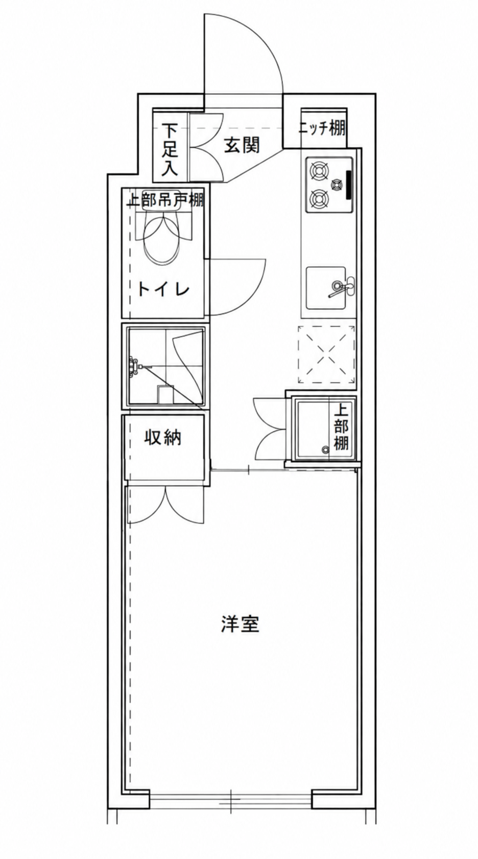 シャワーユニットと独立したキッチンを備えた1Kの間取り図